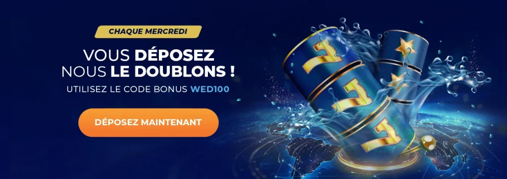 Bannière promotionnelle Gratowin : doublez vos dépôts le mercredi avec le code WED100