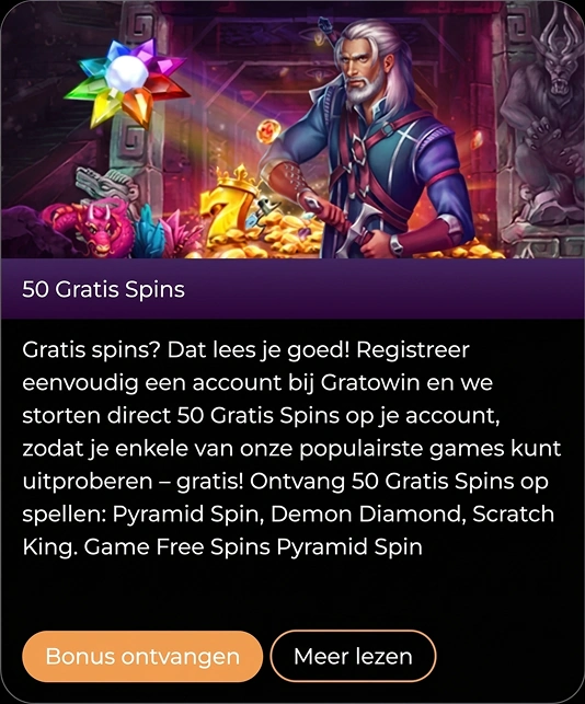 50 Gratis Spins Gratowin bonus met populaire spellen zoals Pyramid Spin