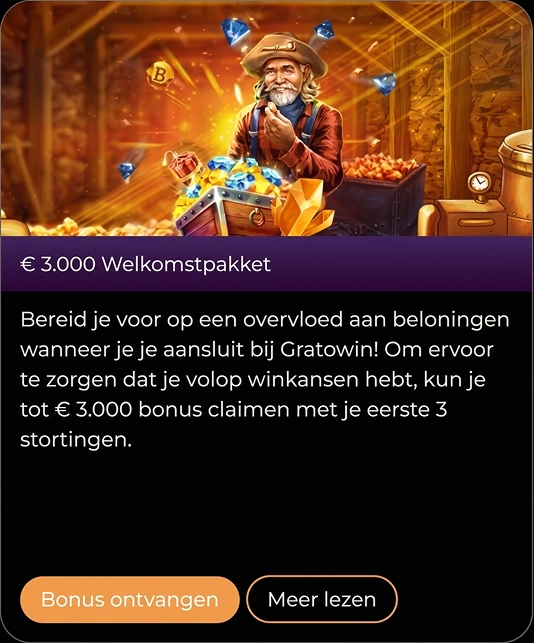 Gratowin Casino welkomstbonus: €3.000 bonus met 3 stortingen