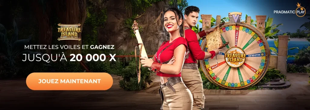 Treasure Island slot: femme souriante, roue de fortune, gain potentiel 20 000x