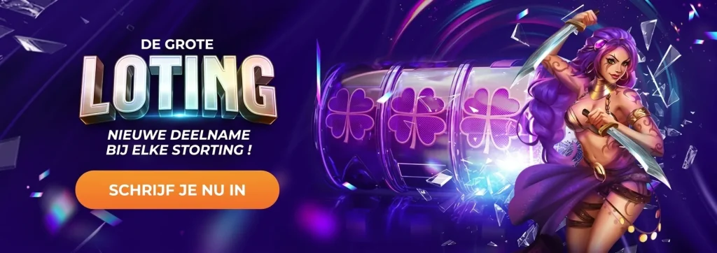 De Grote Loting banner avec une guerrière et machine à sous