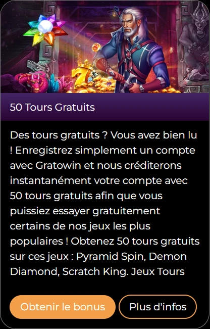 Gratowin 50 tours gratuits pour les jeux Pyramid Spin, Demon Diamond, Scratch King