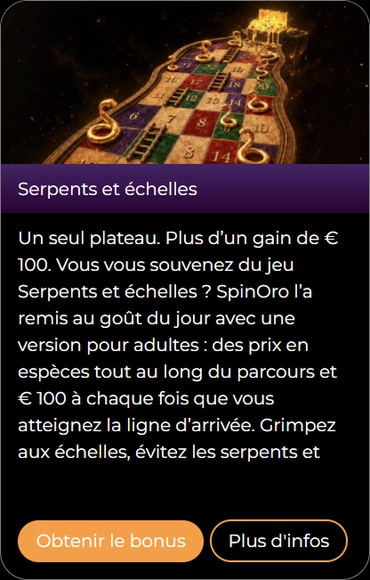 Plateau de jeu Serpents et échelles avec des serpents et des échelles, texte "Obtenir le bonus