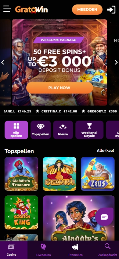 Gratowin mobile casino lobby with slot games and promotions