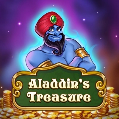 Génie bleu dans un turban rouge avec le texte Aladdin's Treasure