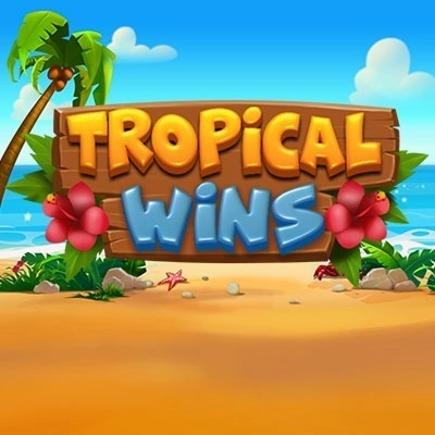 Panneau de jeu "Tropical Wins" avec des fleurs tropicales et une plage